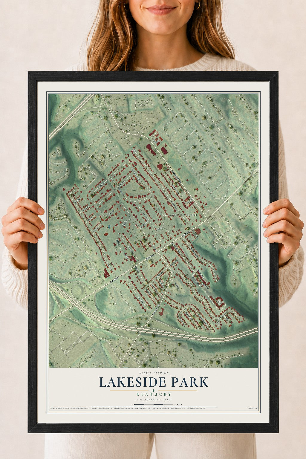 Map of Lakeside Park, Kentucky, 18 x 24 inch print in a black wood frame