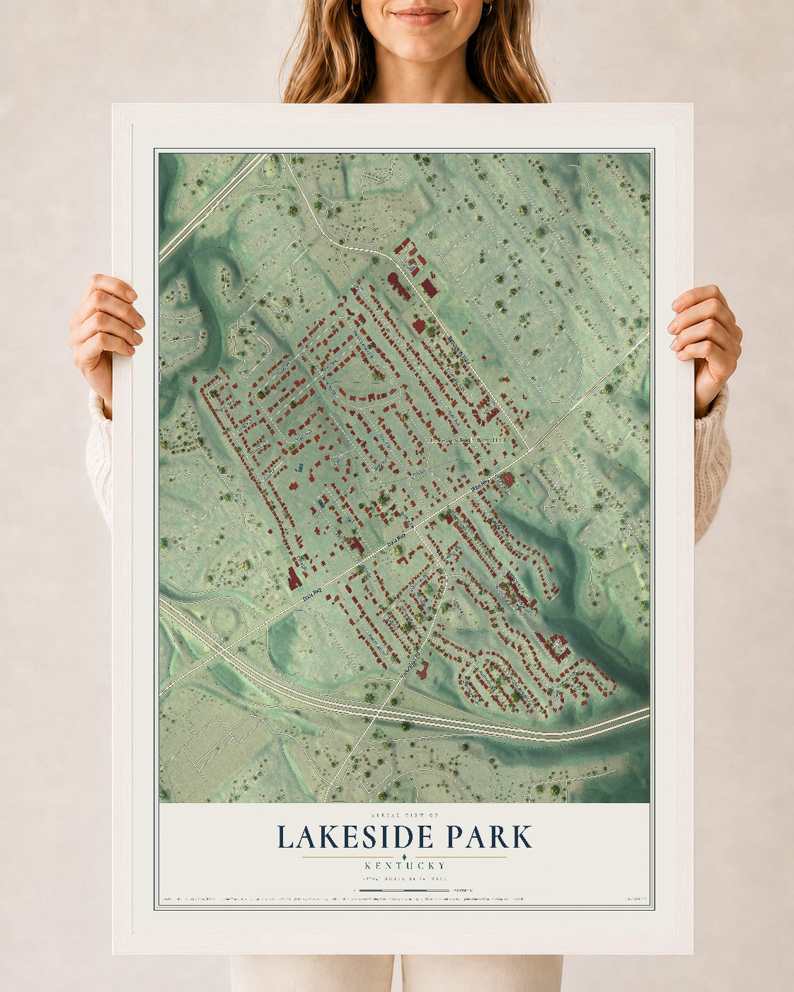 Map of Lakeside Park, Kentucky, 24 x 36 inch print in a white wood frame