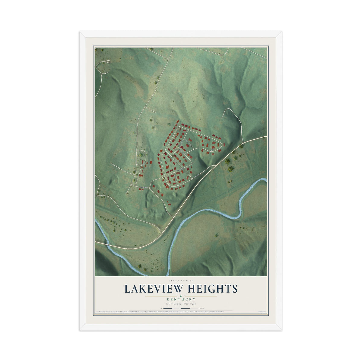 Map of Lakeview Heights, Kentucky, 12 x 18 inch print in a white wood frame