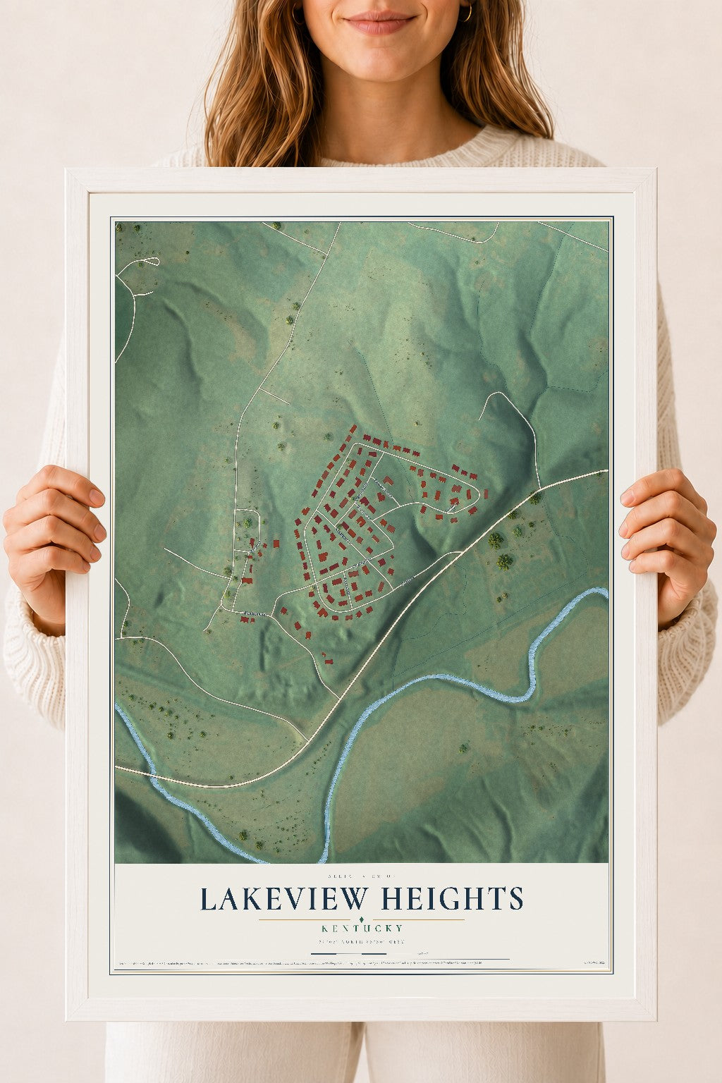 Map of Lakeview Heights, Kentucky, 18 x 24 inch print in a white wood frame