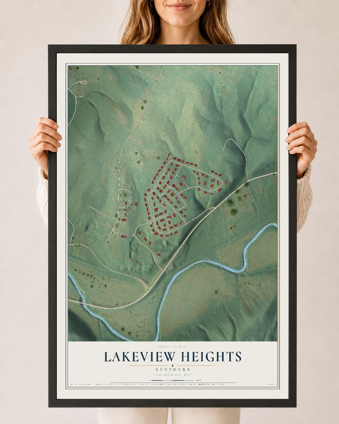Map of Lakeview Heights, Kentucky, 24 x 36 inch print in a black wood frame