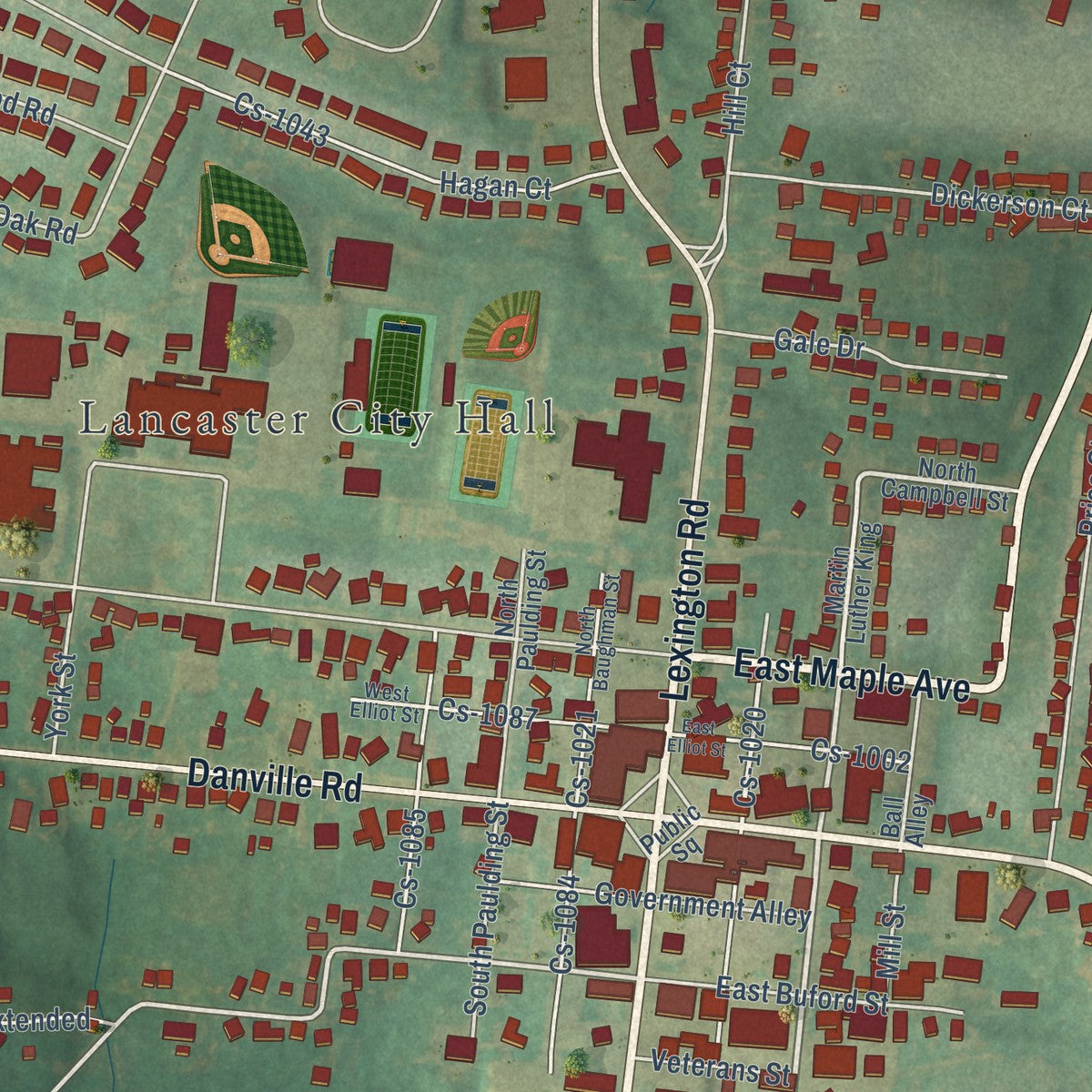 Close-up of the map of Lancaster, Kentucky print showing street and building detail
