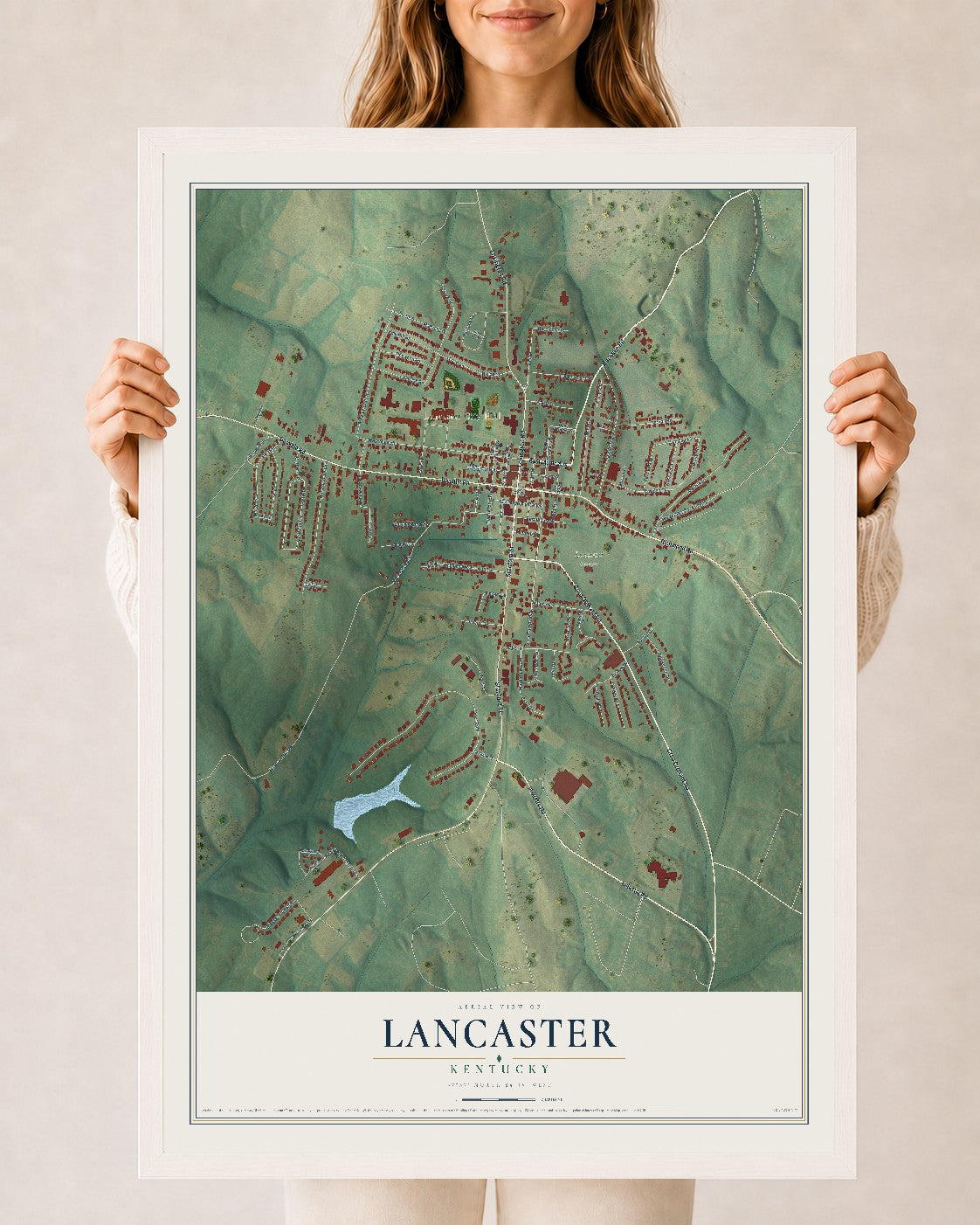 Map of Lancaster, Kentucky, 24 x 36 inch print in a white wood frame