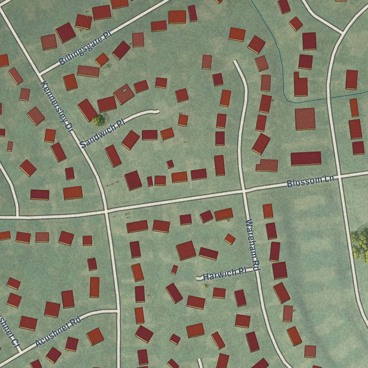 Close-up of the map of Langdon Place, Kentucky print showing street and building detail