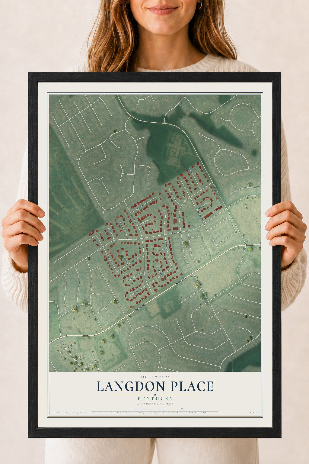 Map of Langdon Place, Kentucky, 18 x 24 inch print in a black wood frame