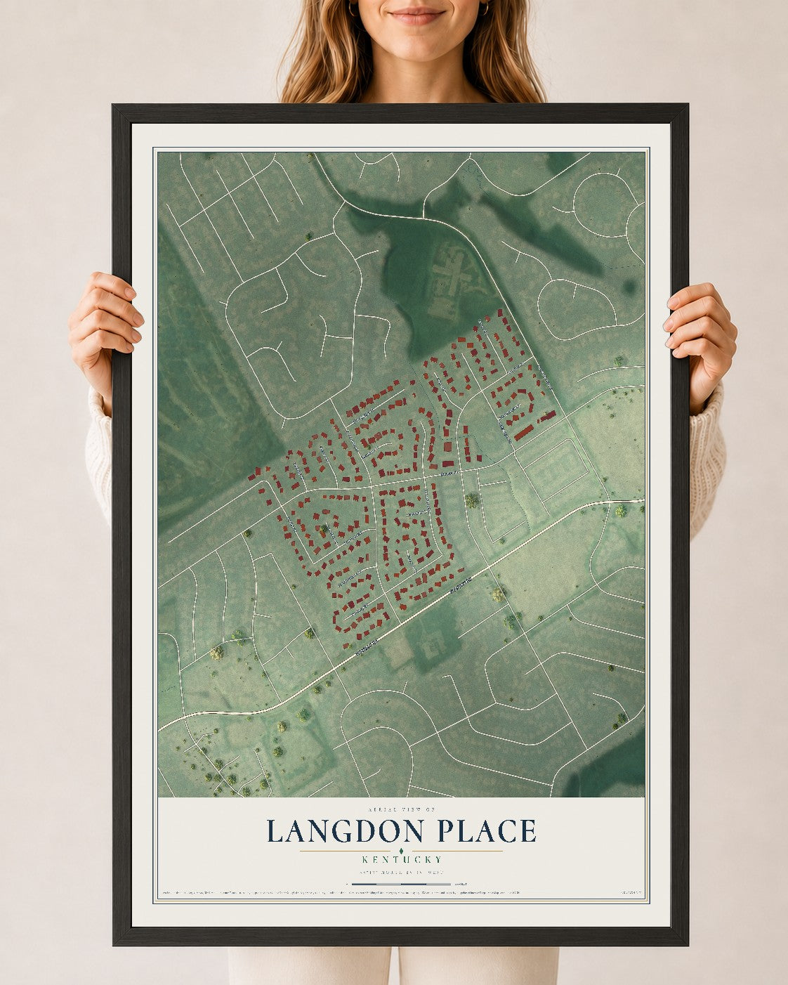 Map of Langdon Place, Kentucky, 24 x 36 inch print in a black wood frame