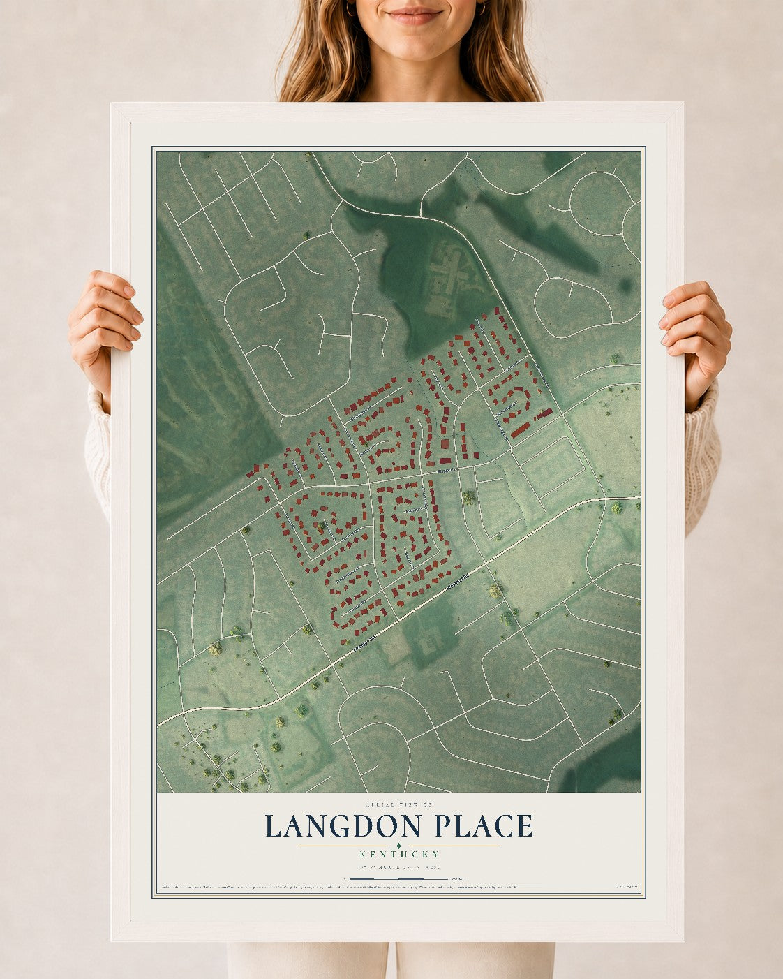 Map of Langdon Place, Kentucky, 24 x 36 inch print in a white wood frame
