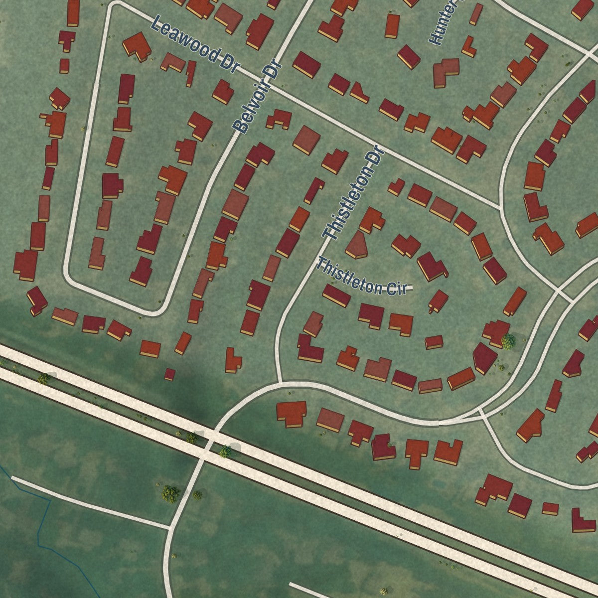 Close-up of the map of Lansdowne, Kentucky print showing street and building detail