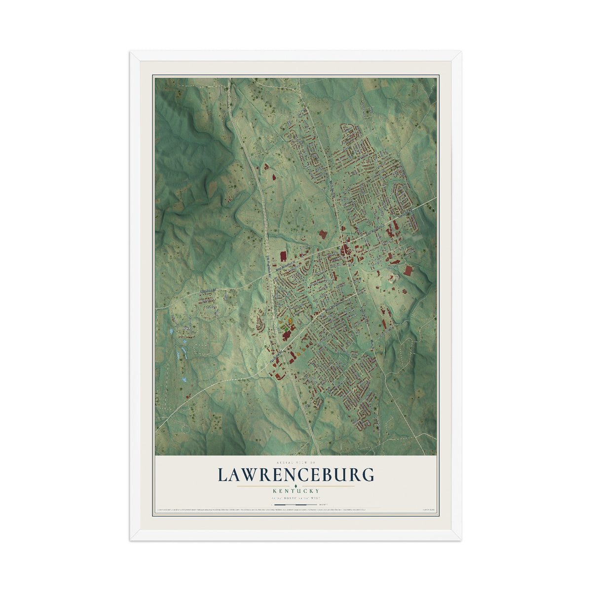 Map of Lawrenceburg, Kentucky, 12 x 18 inch print in a white wood frame