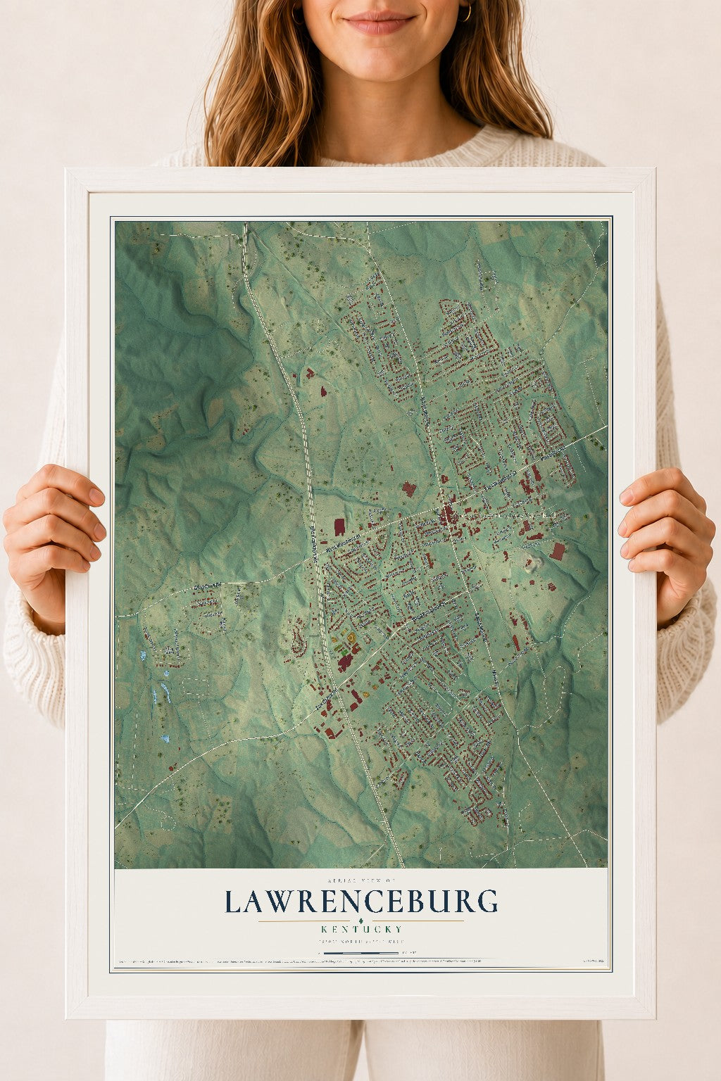 Map of Lawrenceburg, Kentucky, 18 x 24 inch print in a white wood frame