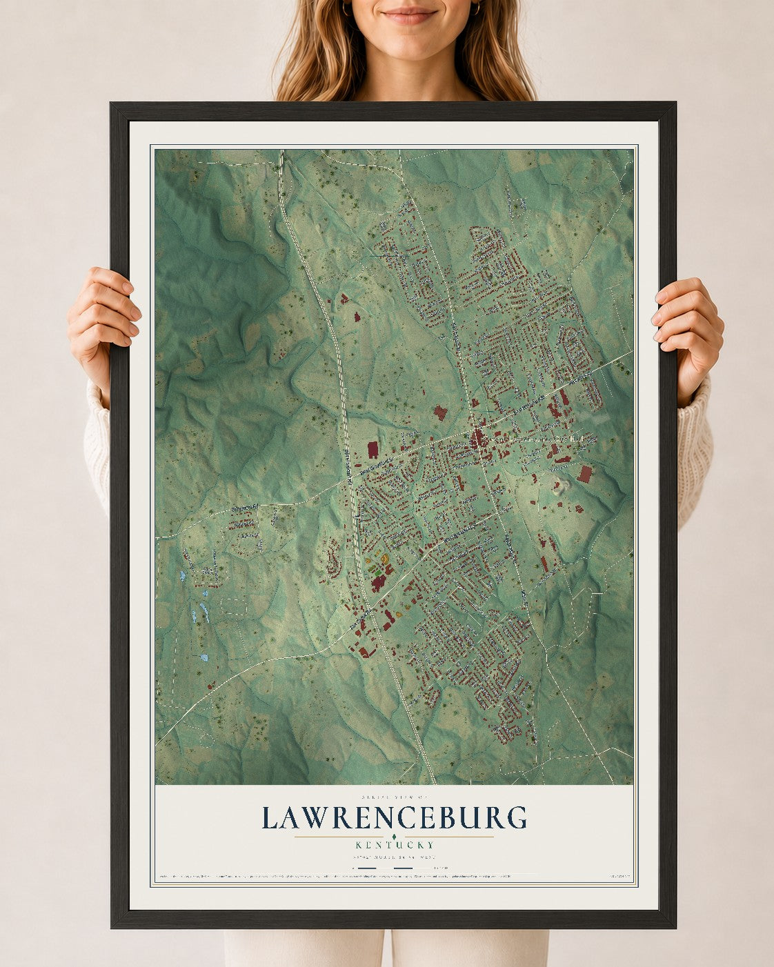 Map of Lawrenceburg, Kentucky, 24 x 36 inch print in a black wood frame