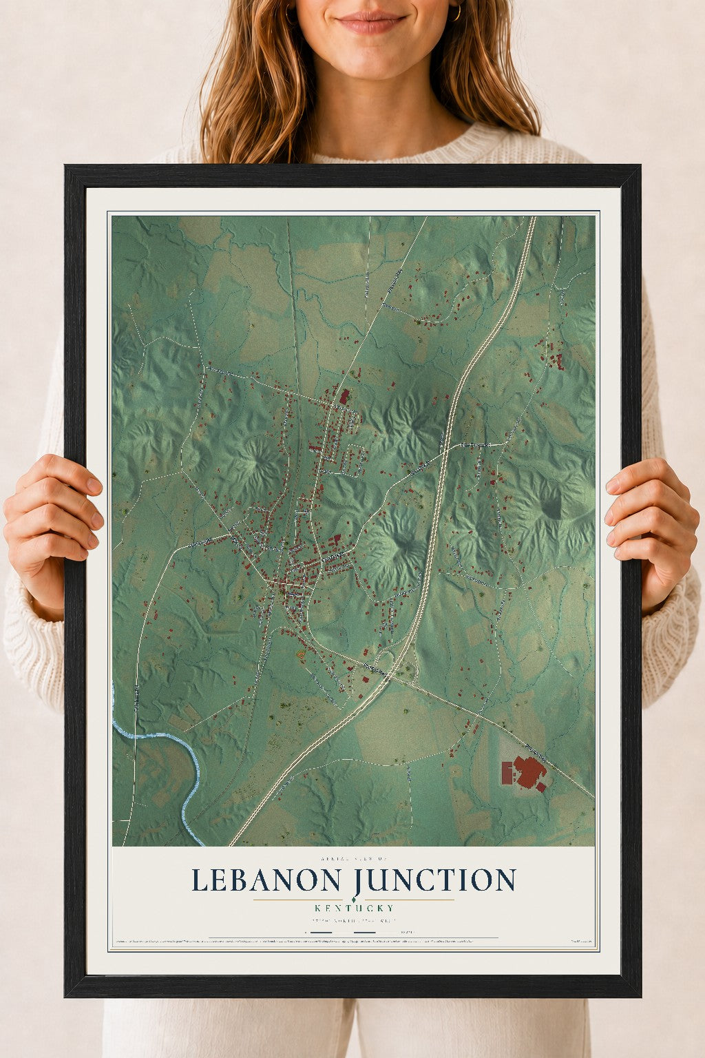 Map of Lebanon Junction, Kentucky, 18 x 24 inch print in a black wood frame
