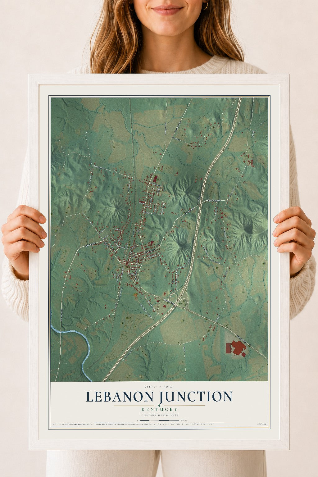 Map of Lebanon Junction, Kentucky, 18 x 24 inch print in a white wood frame