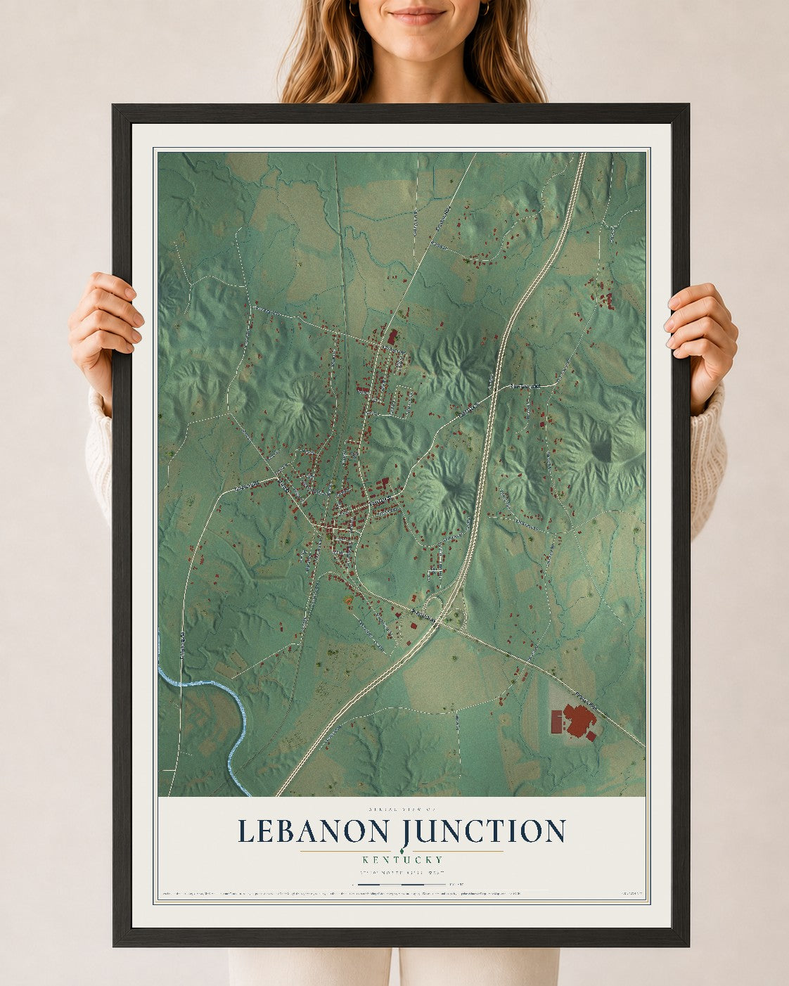 Map of Lebanon Junction, Kentucky, 24 x 36 inch print in a black wood frame