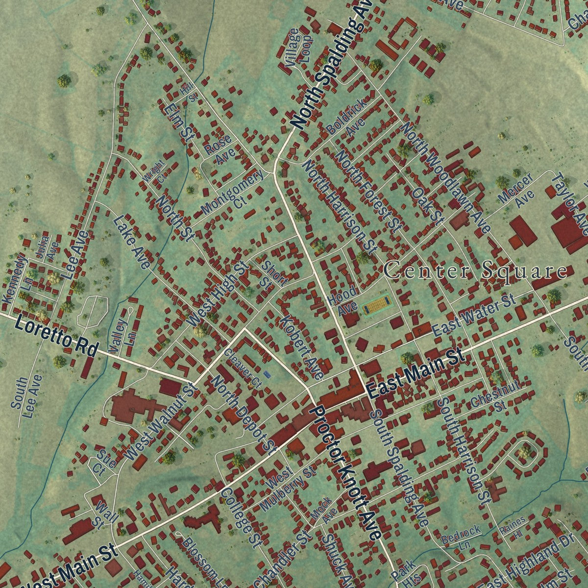 Close-up of the map of Lebanon, Kentucky print showing street and building detail