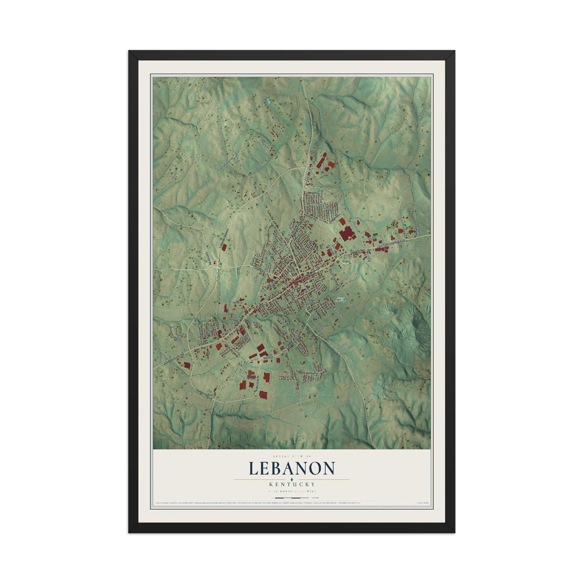 Map of Lebanon, Kentucky, 12 x 18 inch print in a black wood frame