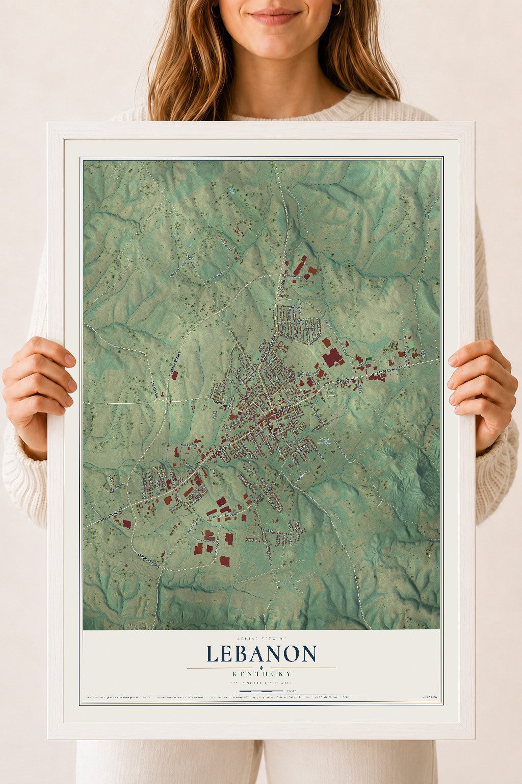 Map of Lebanon, Kentucky, 18 x 24 inch print in a white wood frame
