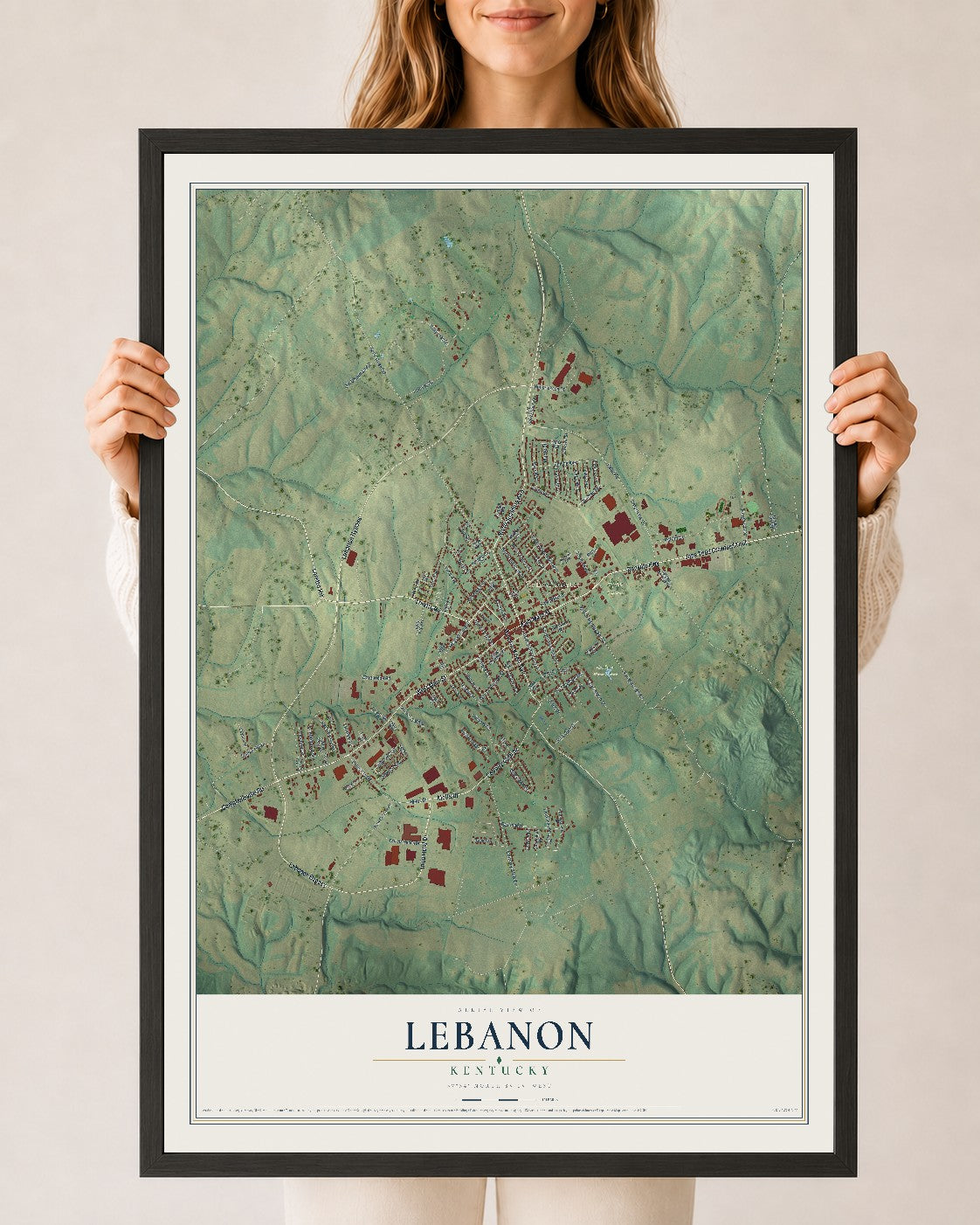 Map of Lebanon, Kentucky, 24 x 36 inch print in a black wood frame