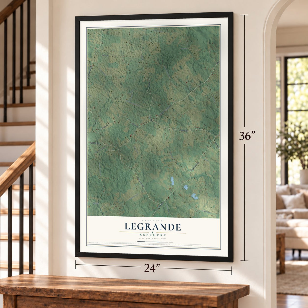 LeGrande, Kentucky map, 24 x 36 inch print in a black frame by a staircase
