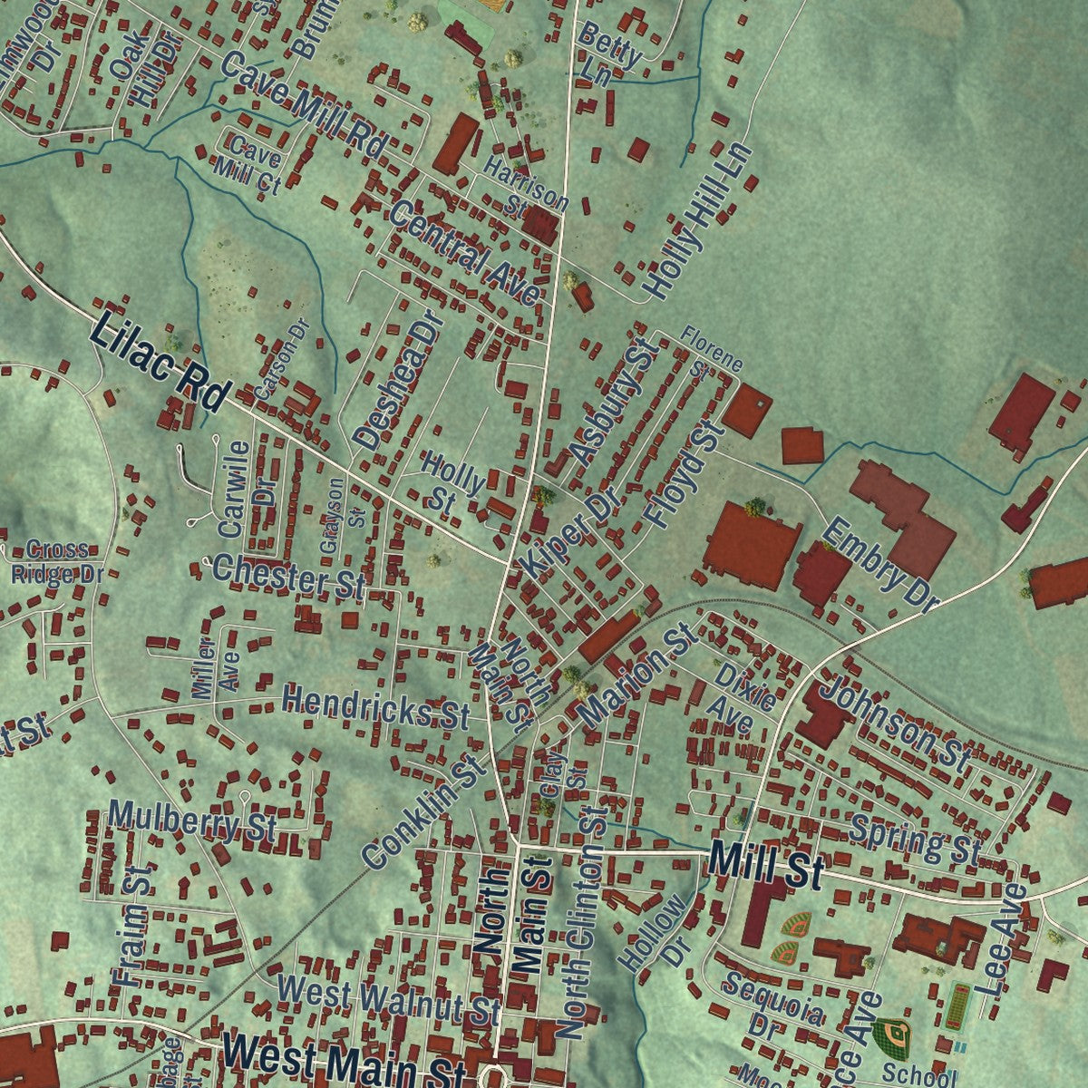 Close-up of the map of Leitchfield, Kentucky print showing street and building detail