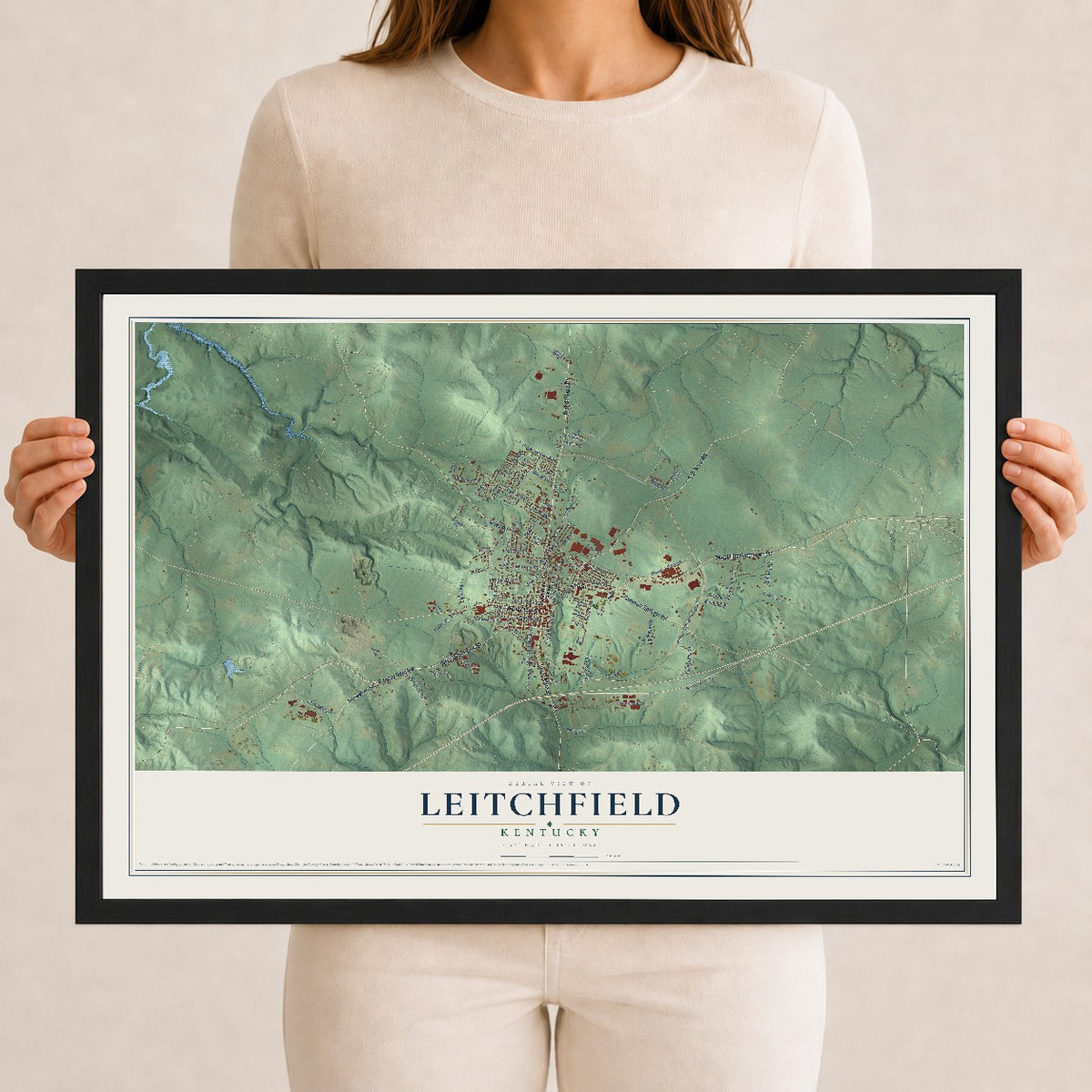 Map of Leitchfield, Kentucky, 12 x 18 inch print in a black wood frame