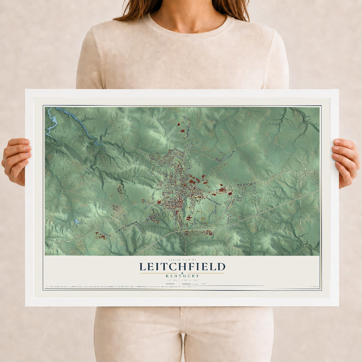 Map of Leitchfield, Kentucky, 12 x 18 inch print in a white wood frame