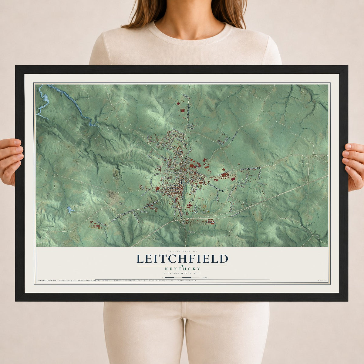 Map of Leitchfield, Kentucky, 18 x 24 inch print in a black wood frame