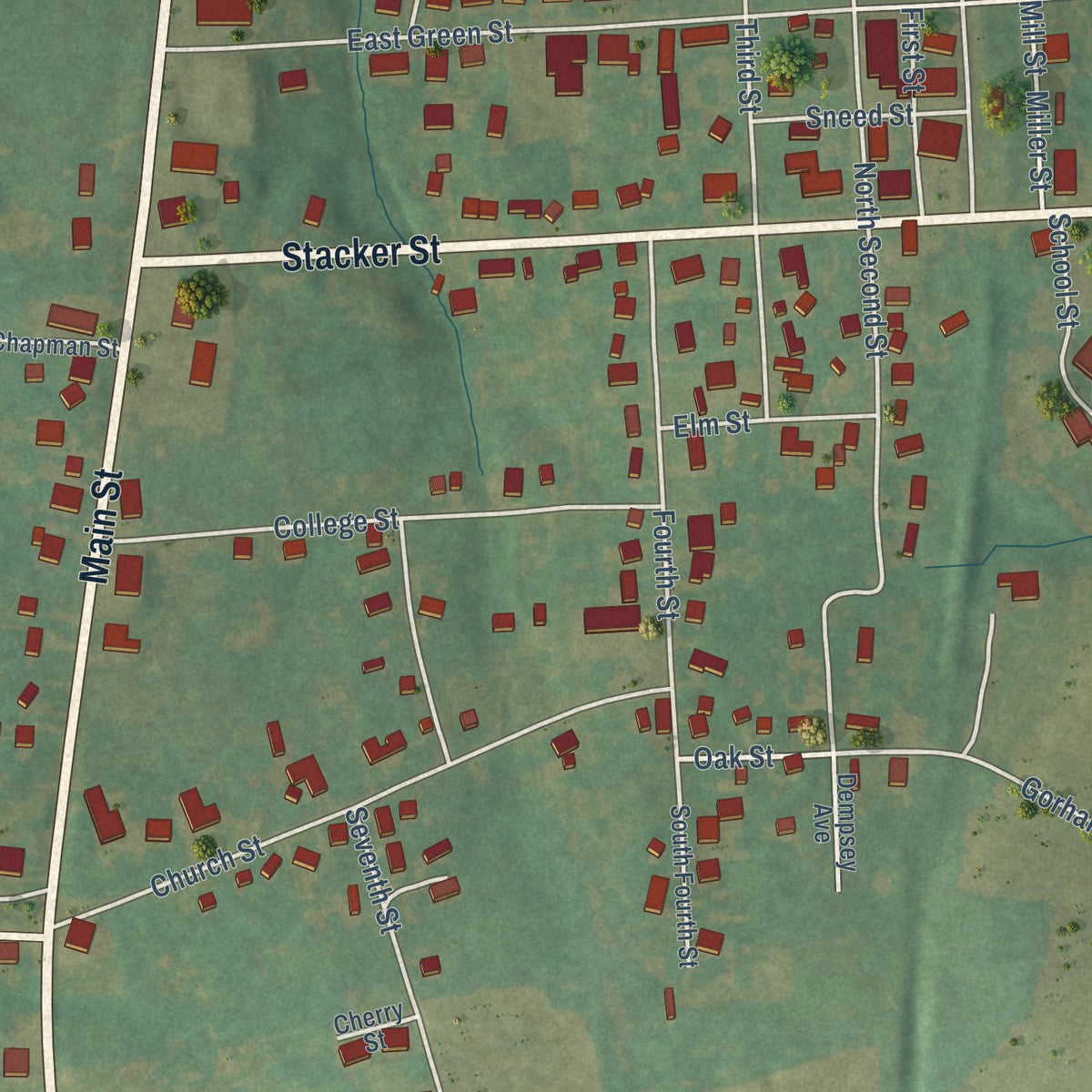 Close-up of the map of Lewisburg, Kentucky print showing street and building detail