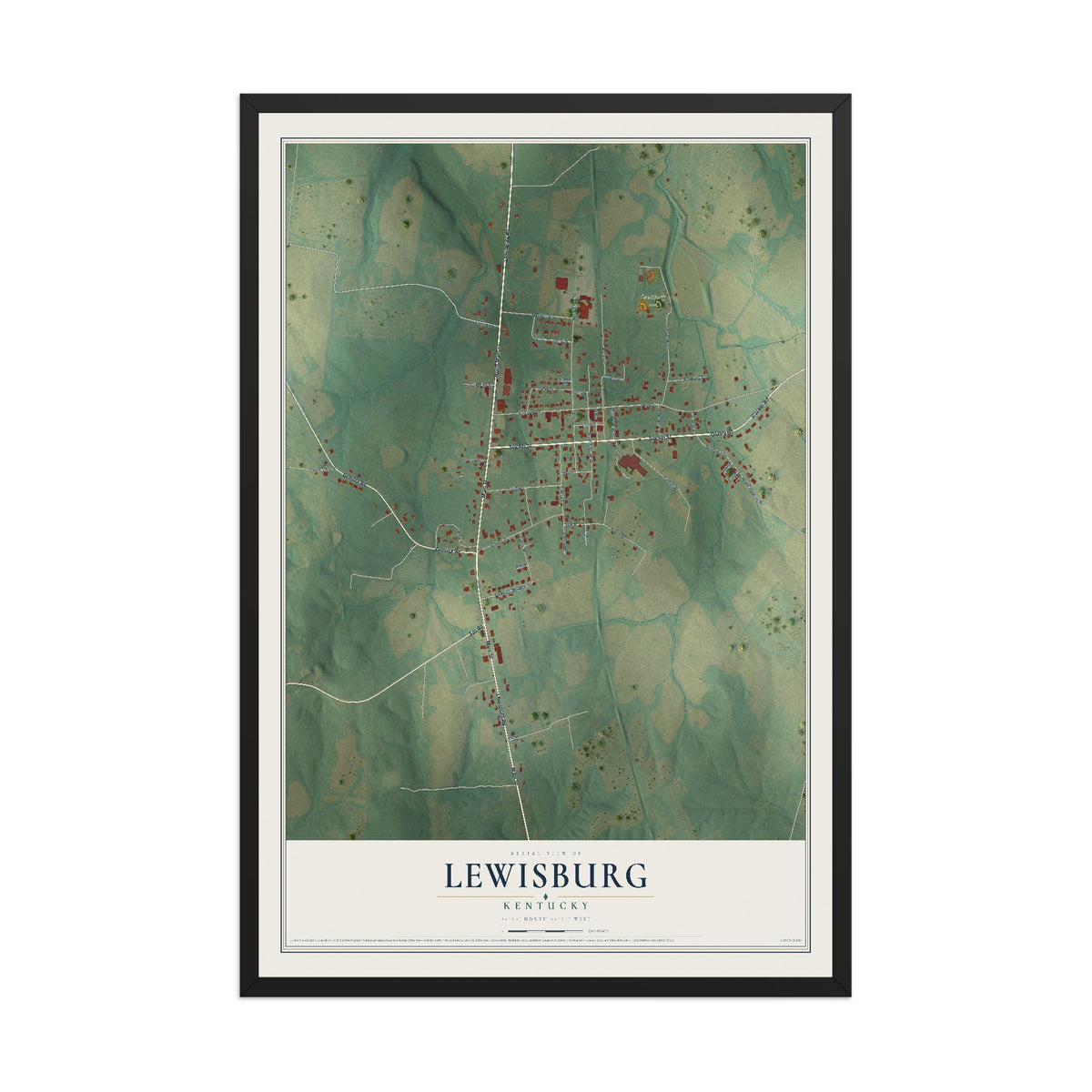 Map of Lewisburg, Kentucky, 12 x 18 inch print in a black wood frame
