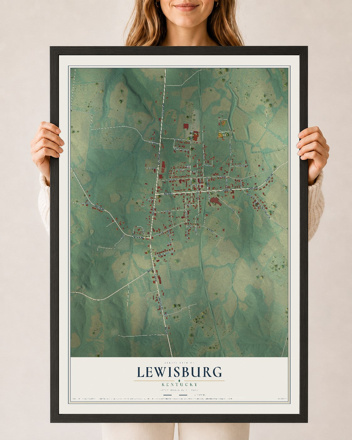 Map of Lewisburg, Kentucky, 24 x 36 inch print in a black wood frame
