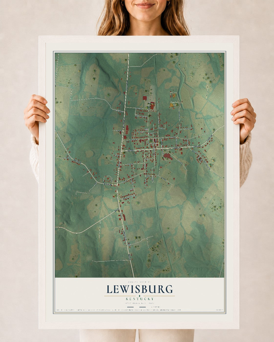 Map of Lewisburg, Kentucky, 24 x 36 inch print in a white wood frame