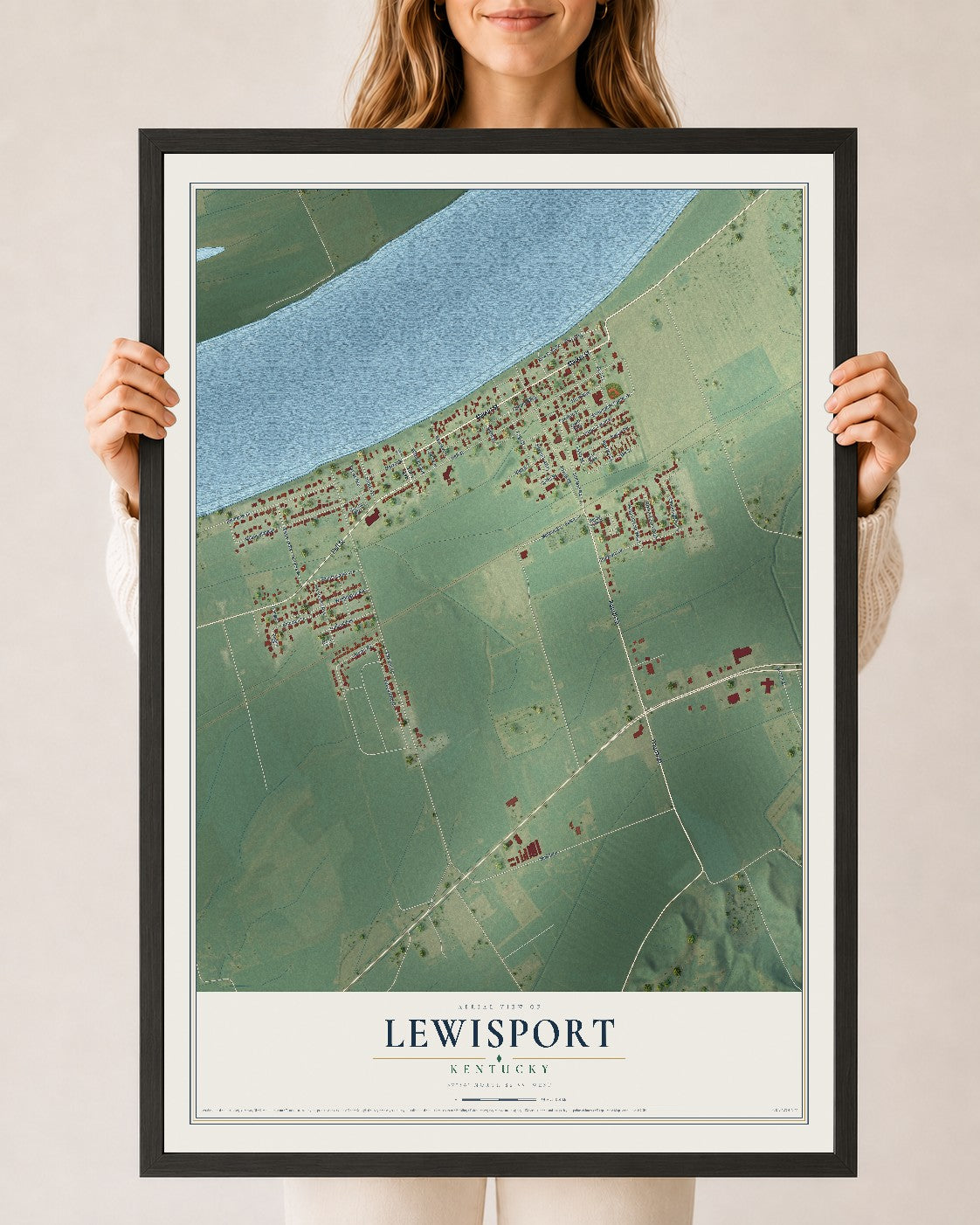 Map of Lewisport, Kentucky, 24 x 36 inch print in a black wood frame