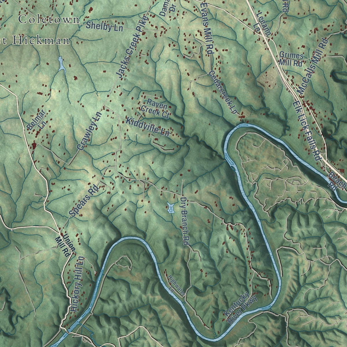 Second close-up of the map of Lexington-Fayette, Kentucky print showing more streets and buildings