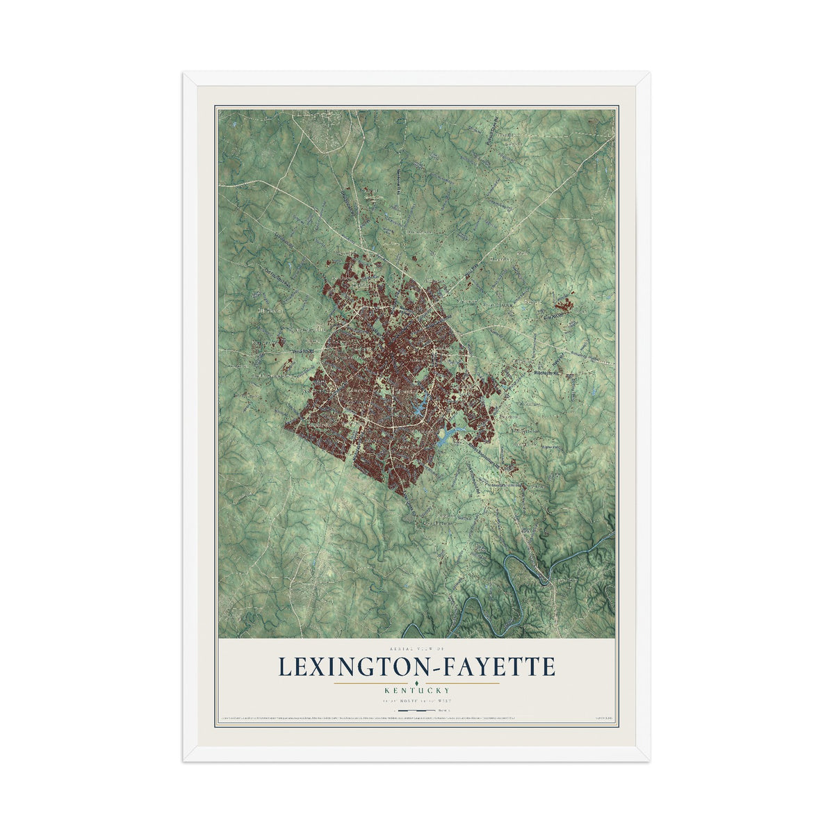 Map of Lexington-Fayette, Kentucky, 12 x 18 inch print in a white wood frame
