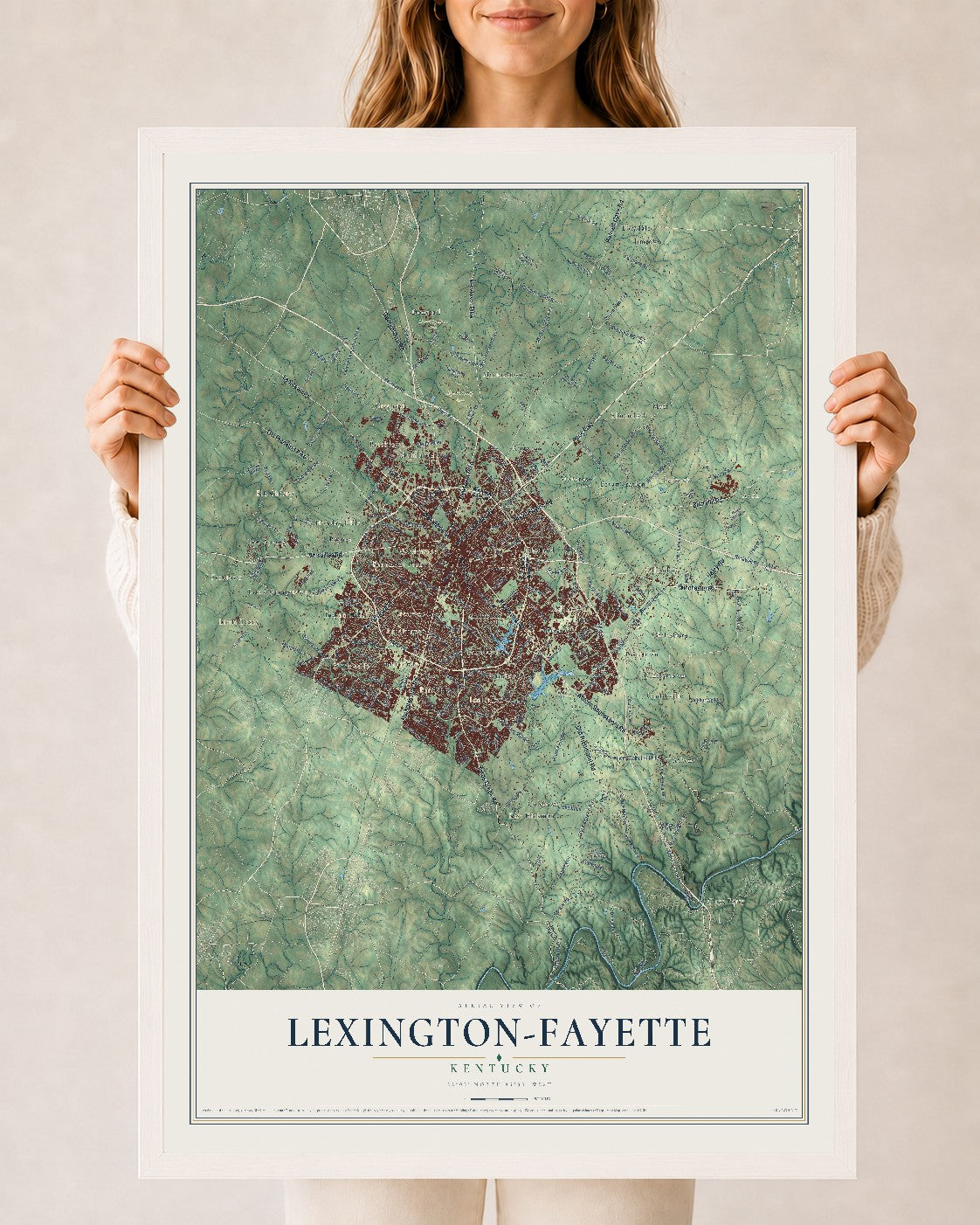 Map of Lexington-Fayette, Kentucky, 24 x 36 inch print in a white wood frame