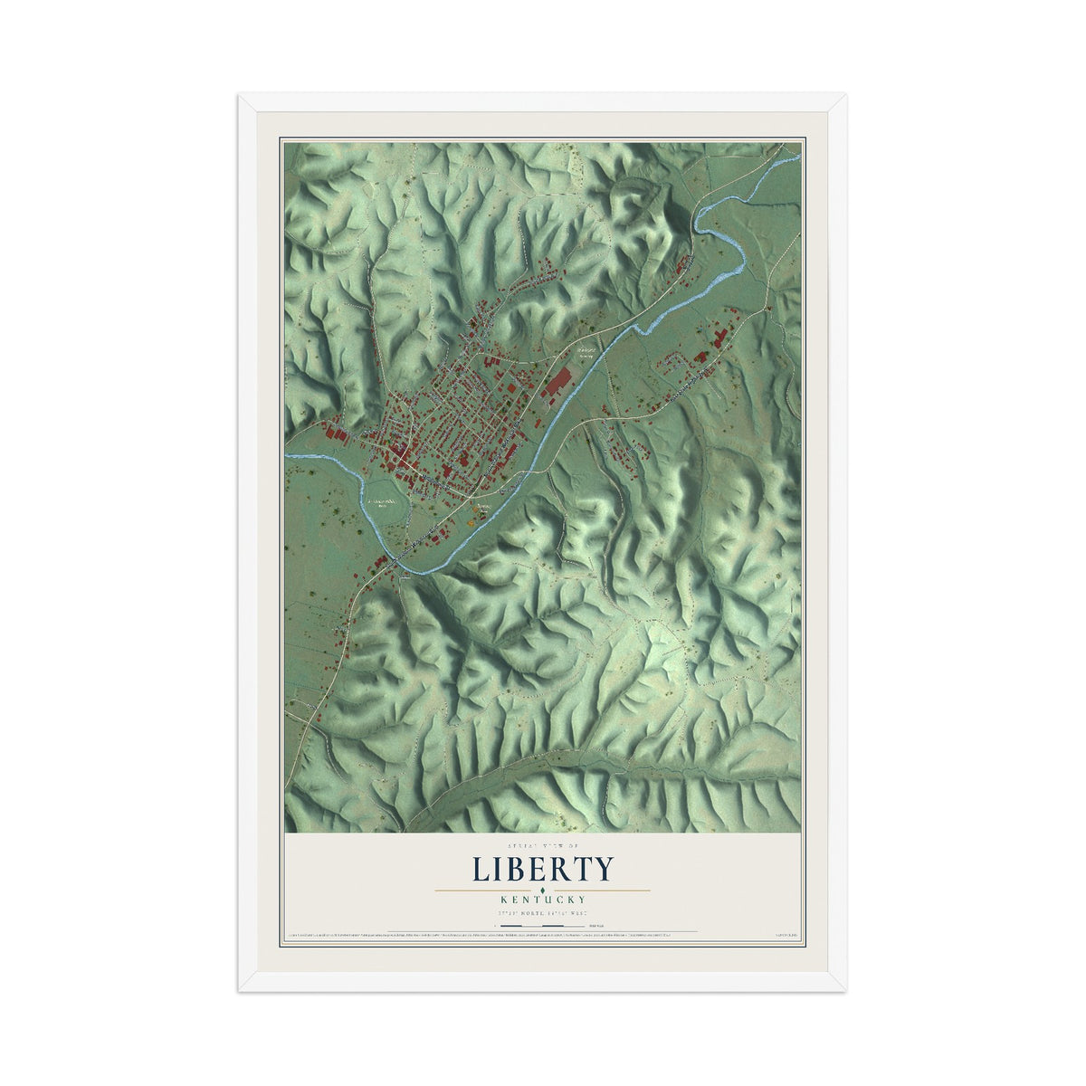 Map of Liberty, Kentucky, 12 x 18 inch print in a white wood frame