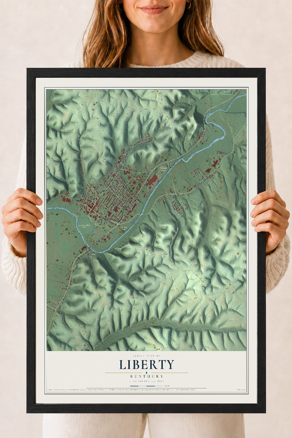 Map of Liberty, Kentucky, 18 x 24 inch print in a black wood frame