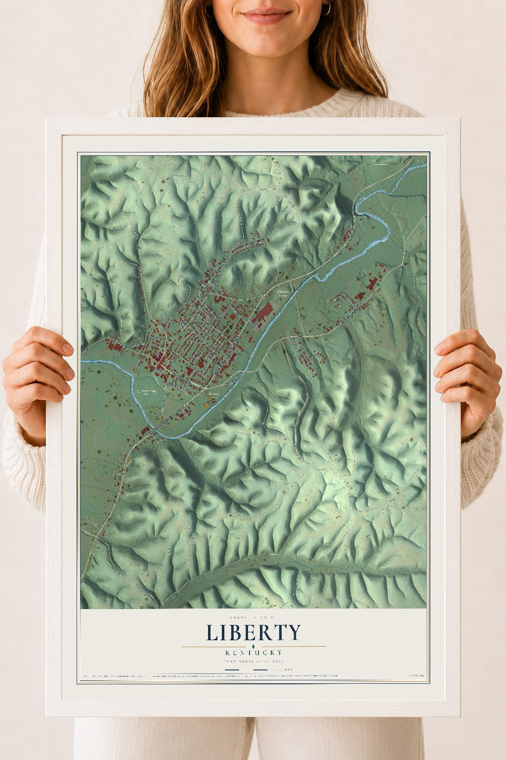 Map of Liberty, Kentucky, 18 x 24 inch print in a white wood frame