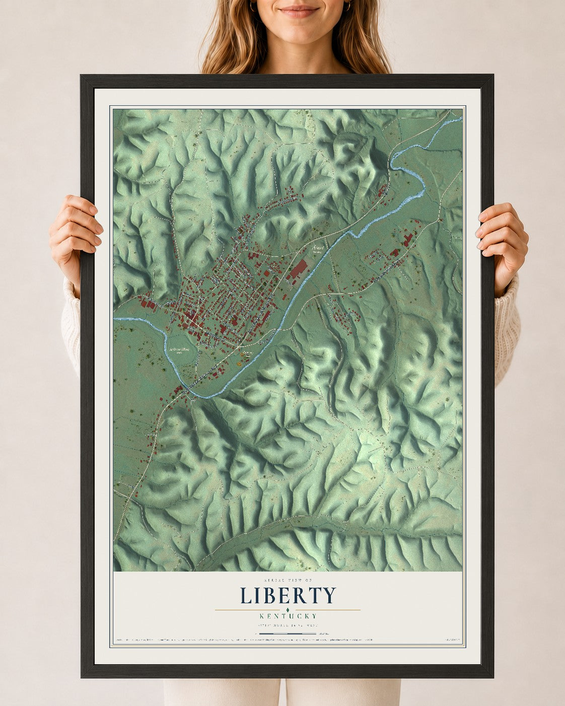 Map of Liberty, Kentucky, 24 x 36 inch print in a black wood frame