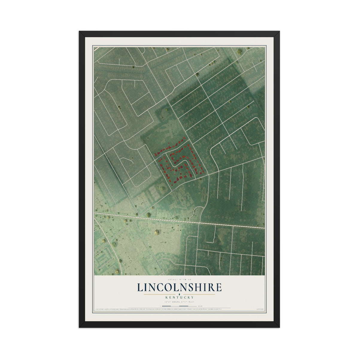 Map of Lincolnshire, Kentucky, 12 x 18 inch print in a black wood frame