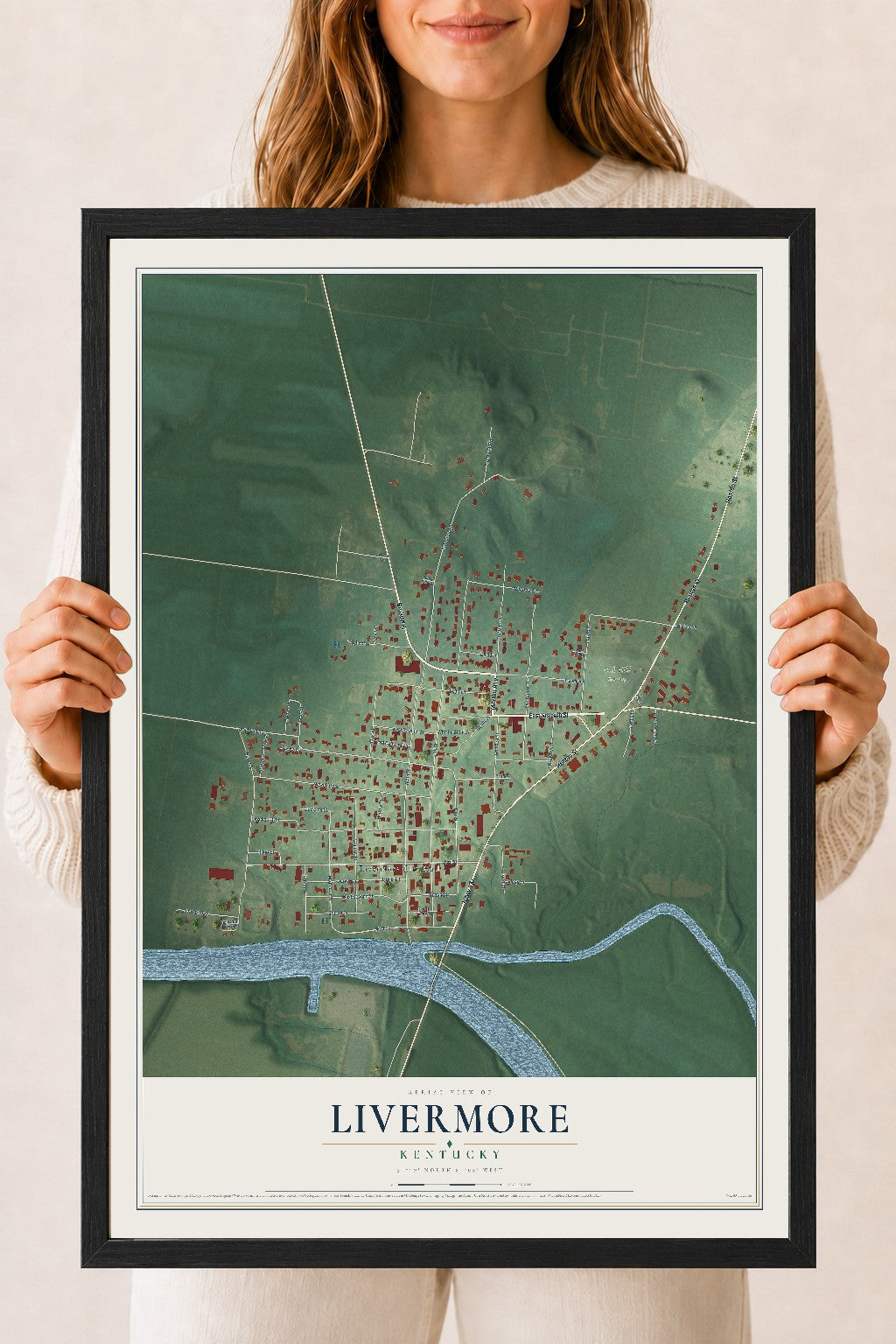 Map of Livermore, Kentucky, 18 x 24 inch print in a black wood frame