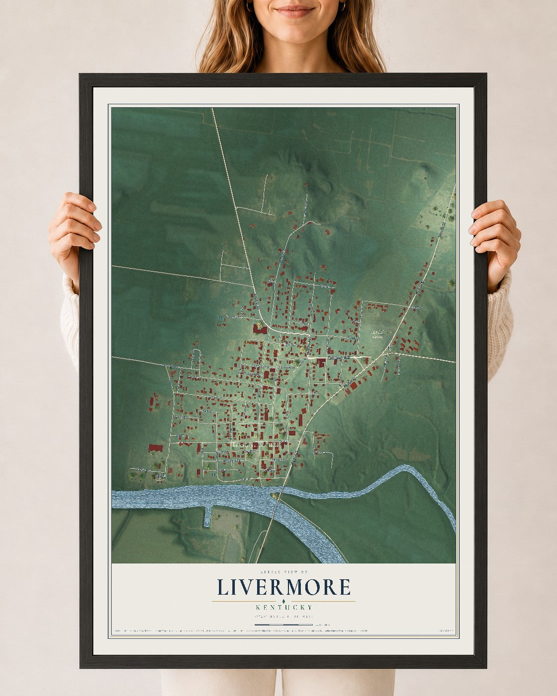 Map of Livermore, Kentucky, 24 x 36 inch print in a black wood frame
