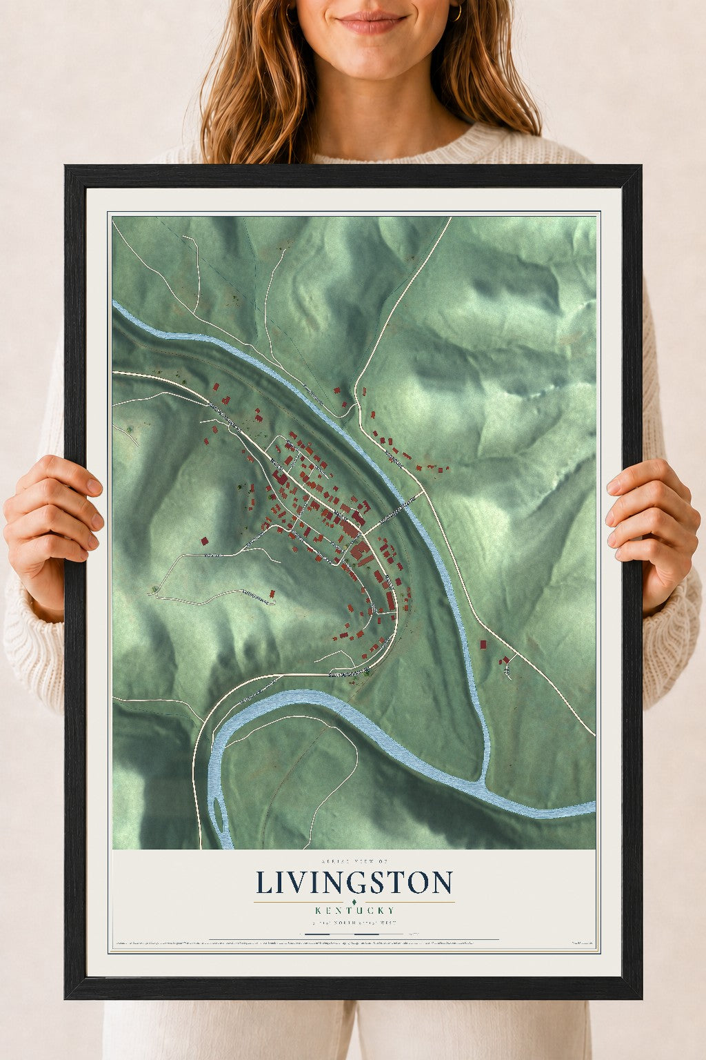 Map of Livingston, Kentucky, 18 x 24 inch print in a black wood frame