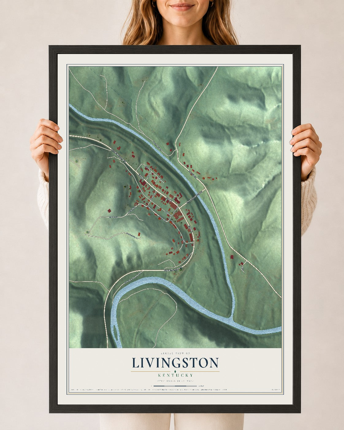 Map of Livingston, Kentucky, 24 x 36 inch print in a black wood frame
