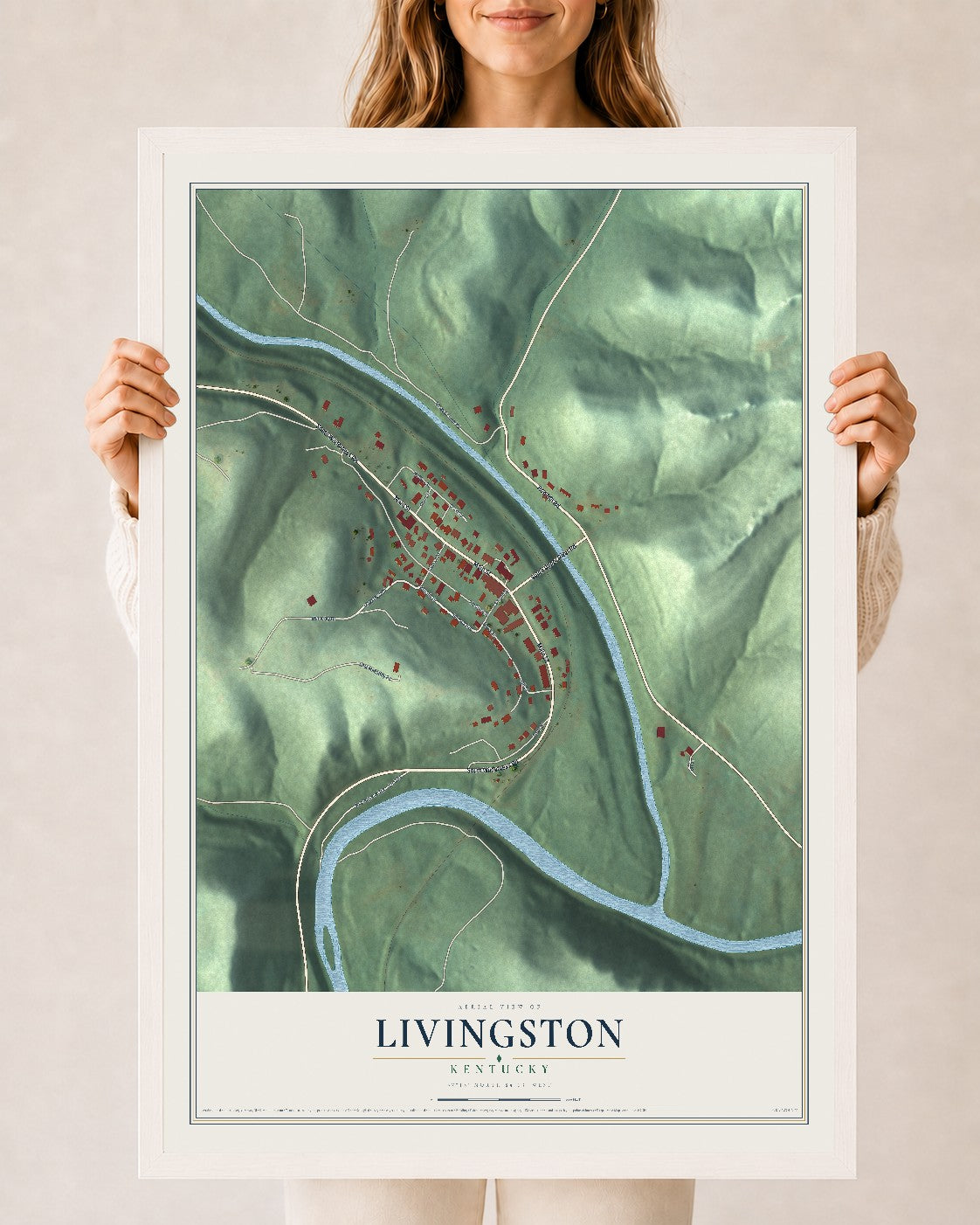 Map of Livingston, Kentucky, 24 x 36 inch print in a white wood frame
