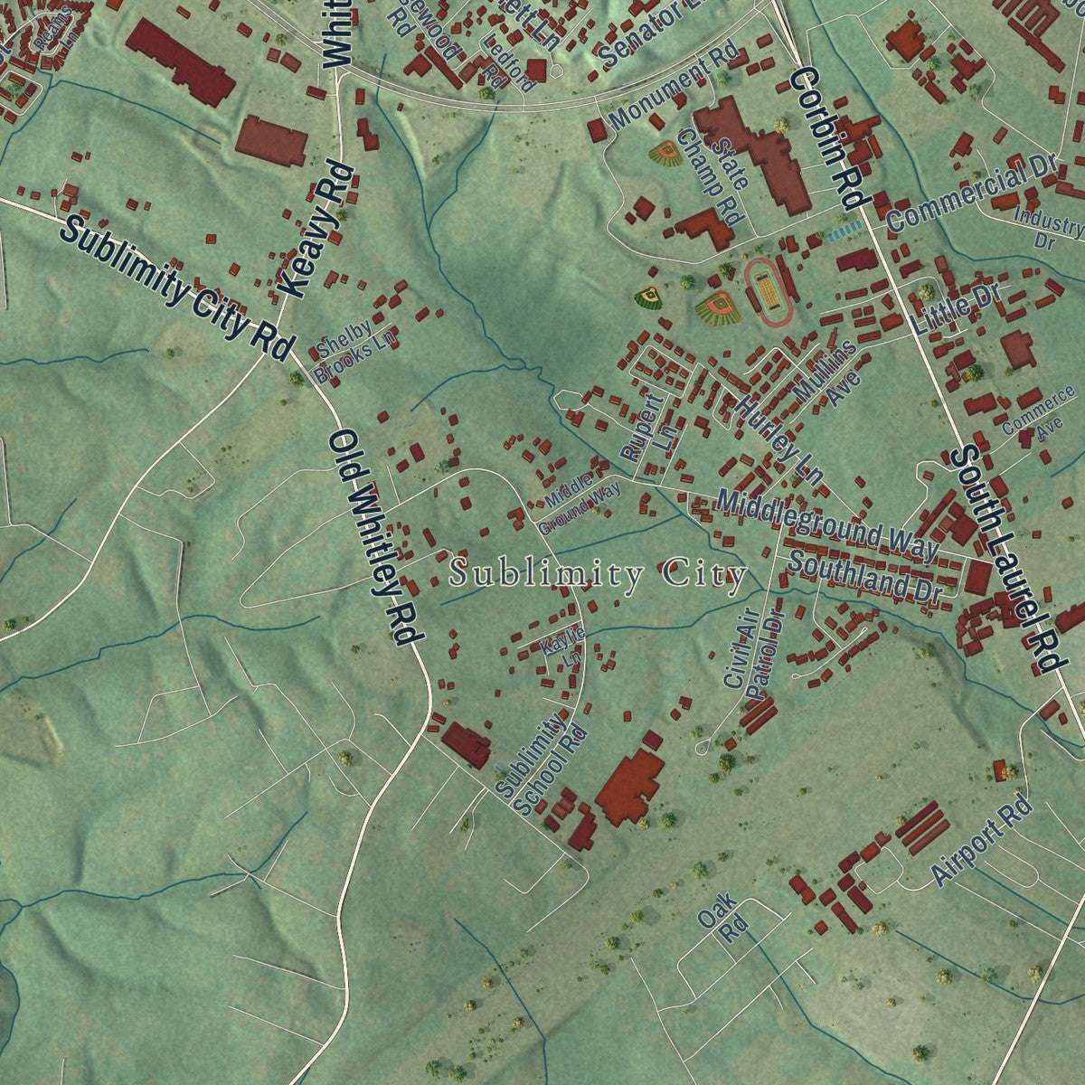 Second close-up of the map of London, Kentucky print showing more streets and buildings
