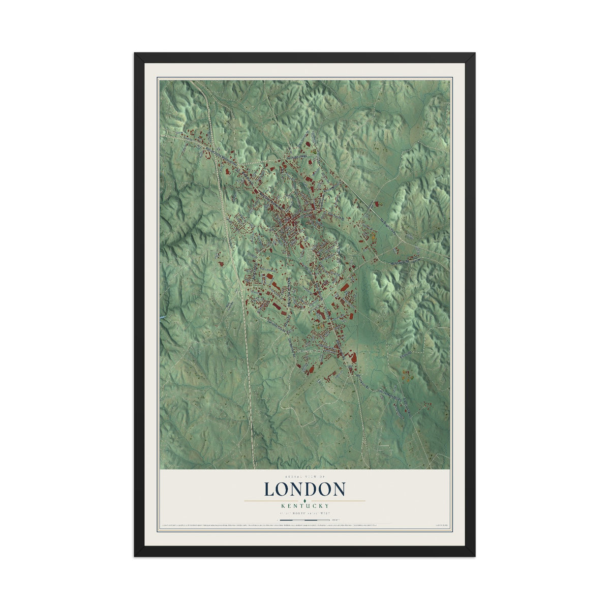 Map of London, Kentucky, 12 x 18 inch print in a black wood frame