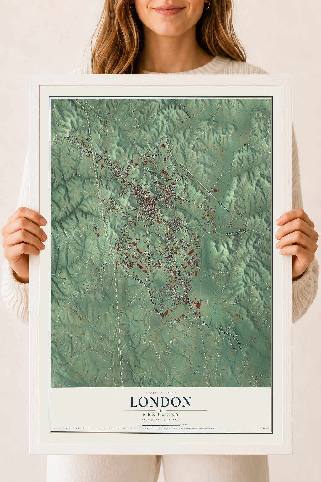 Map of London, Kentucky, 18 x 24 inch print in a white wood frame