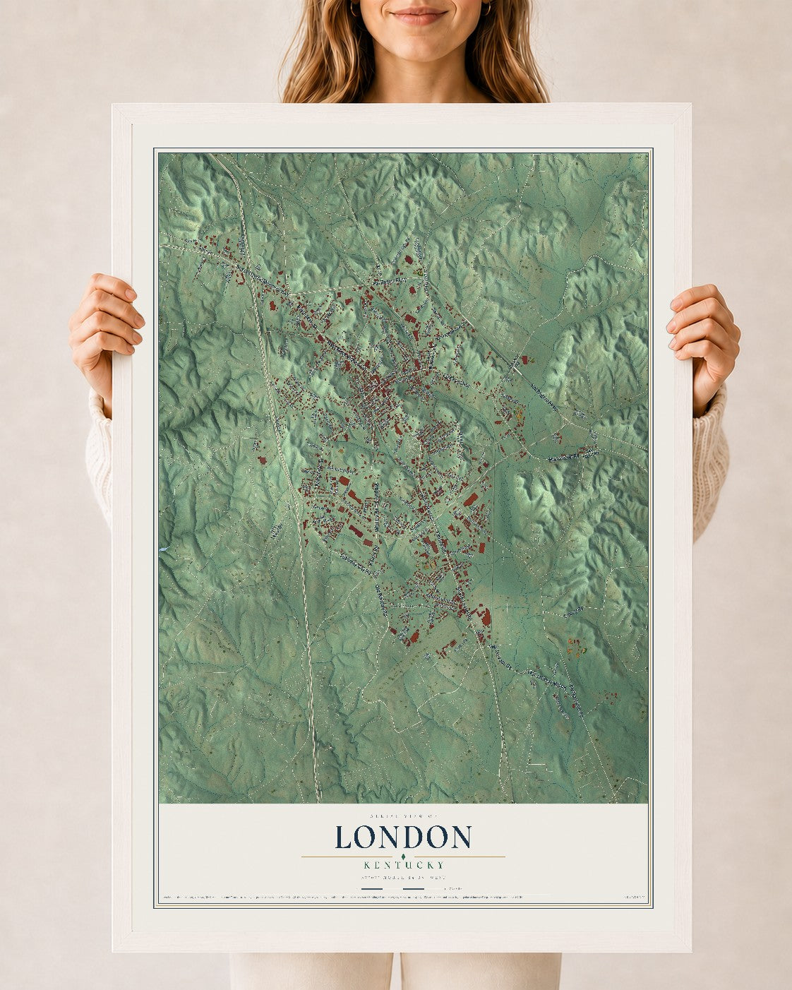 Map of London, Kentucky, 24 x 36 inch print in a white wood frame