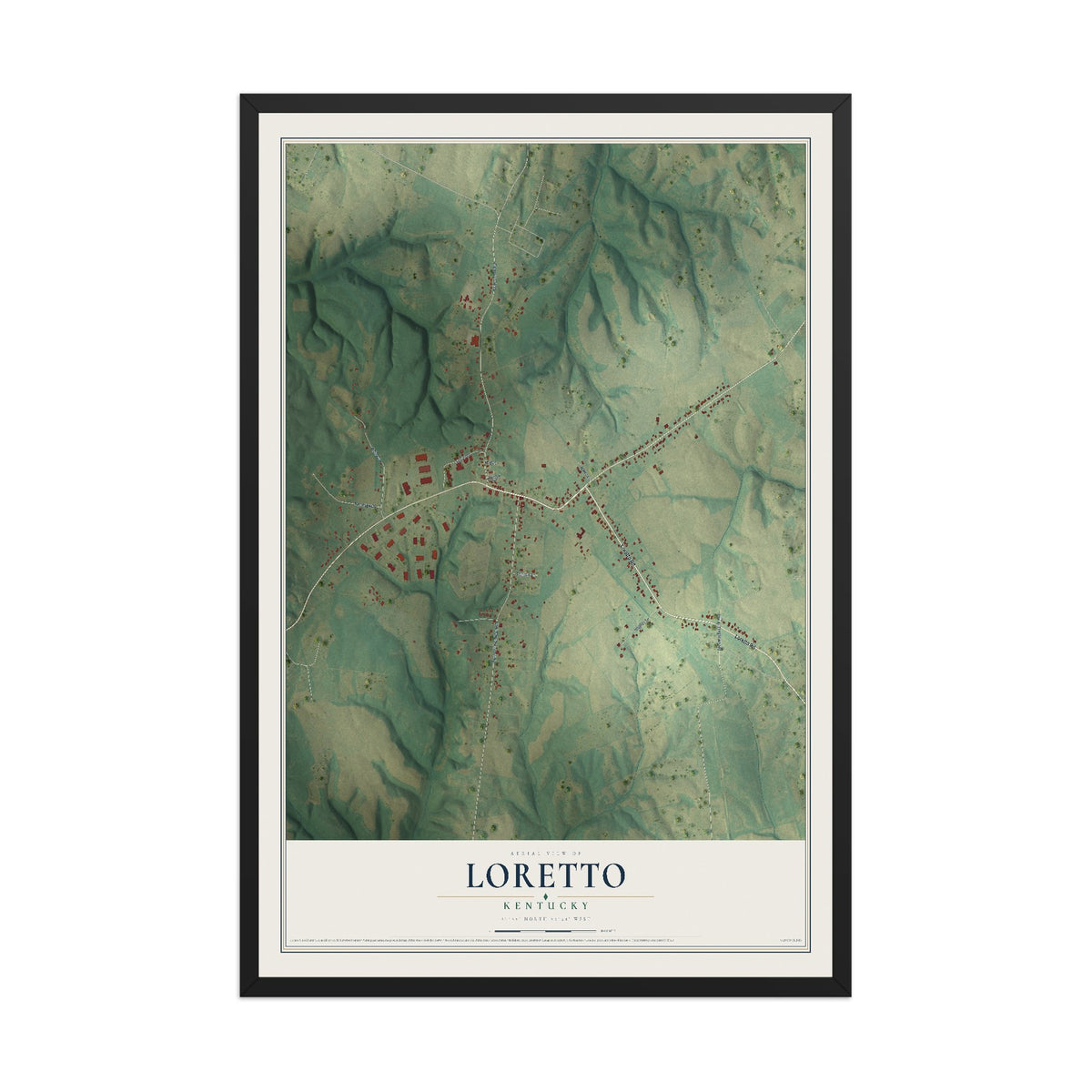 Map of Loretto, Kentucky, 12 x 18 inch print in a black wood frame